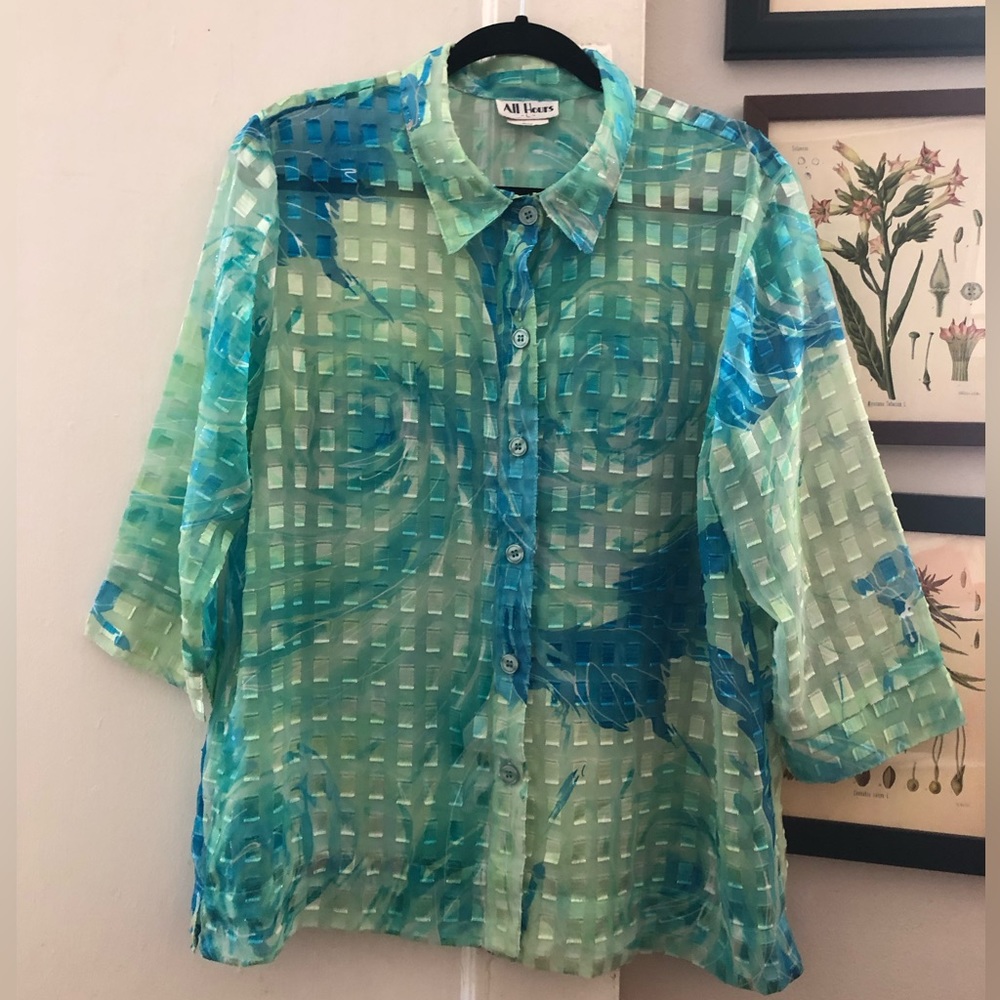 Vintage All Hours Mint and Teal Sheer Iridescent Button-Up Shirt